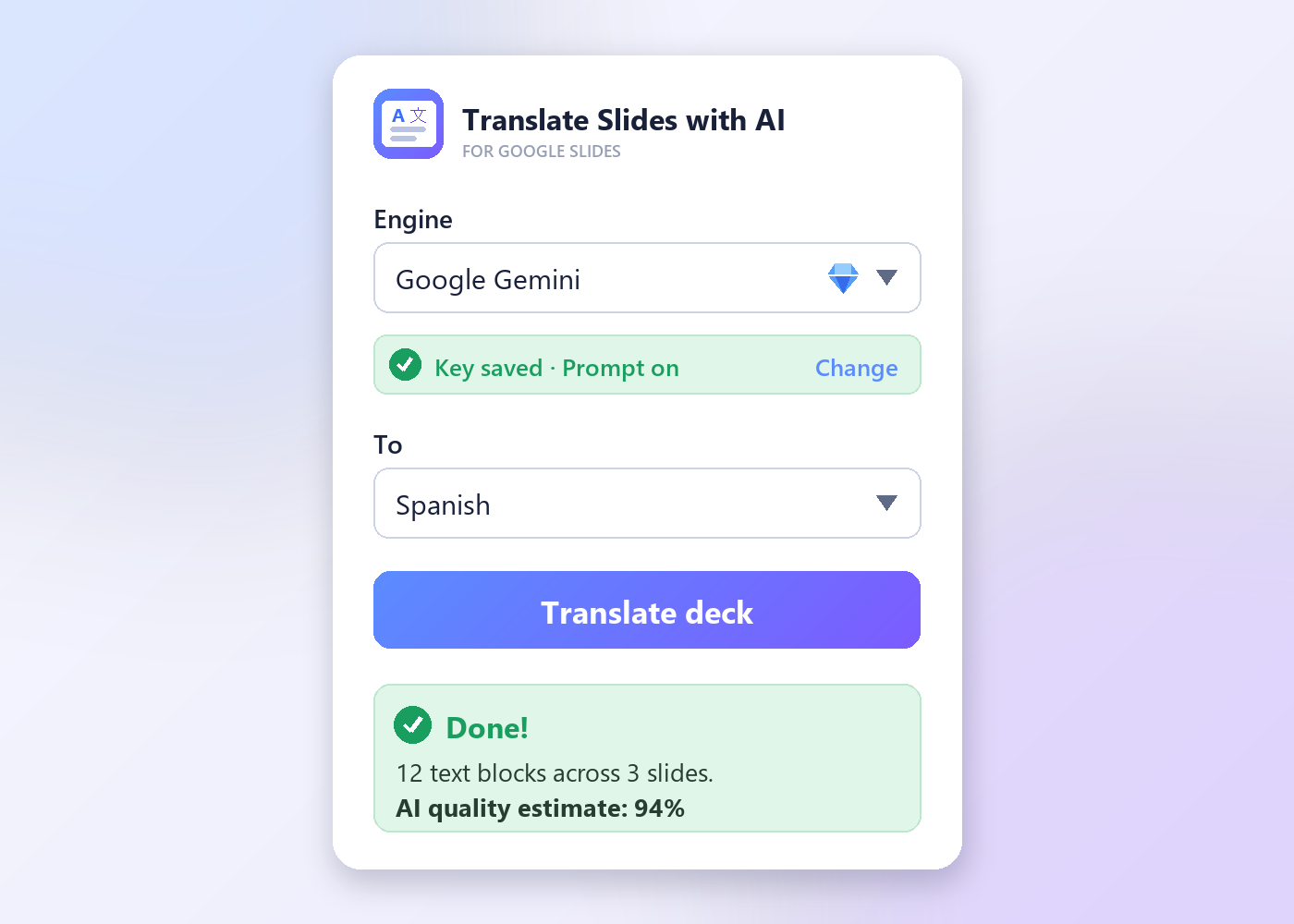 The add-on sidebar — the whole workflow in one panel